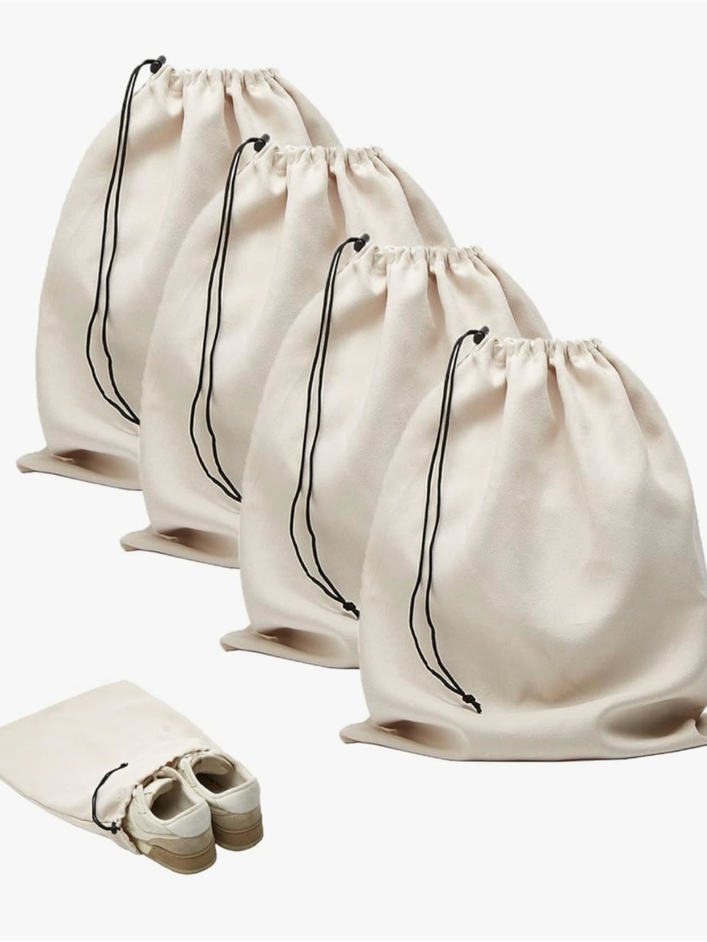 Set of 4 Cream Drawstring Shoe Bags with Black Cord